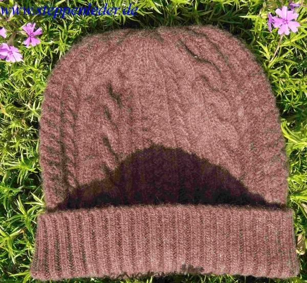 100% Yak-Wolle Mütze dunkelbraun mit Zopfmuster